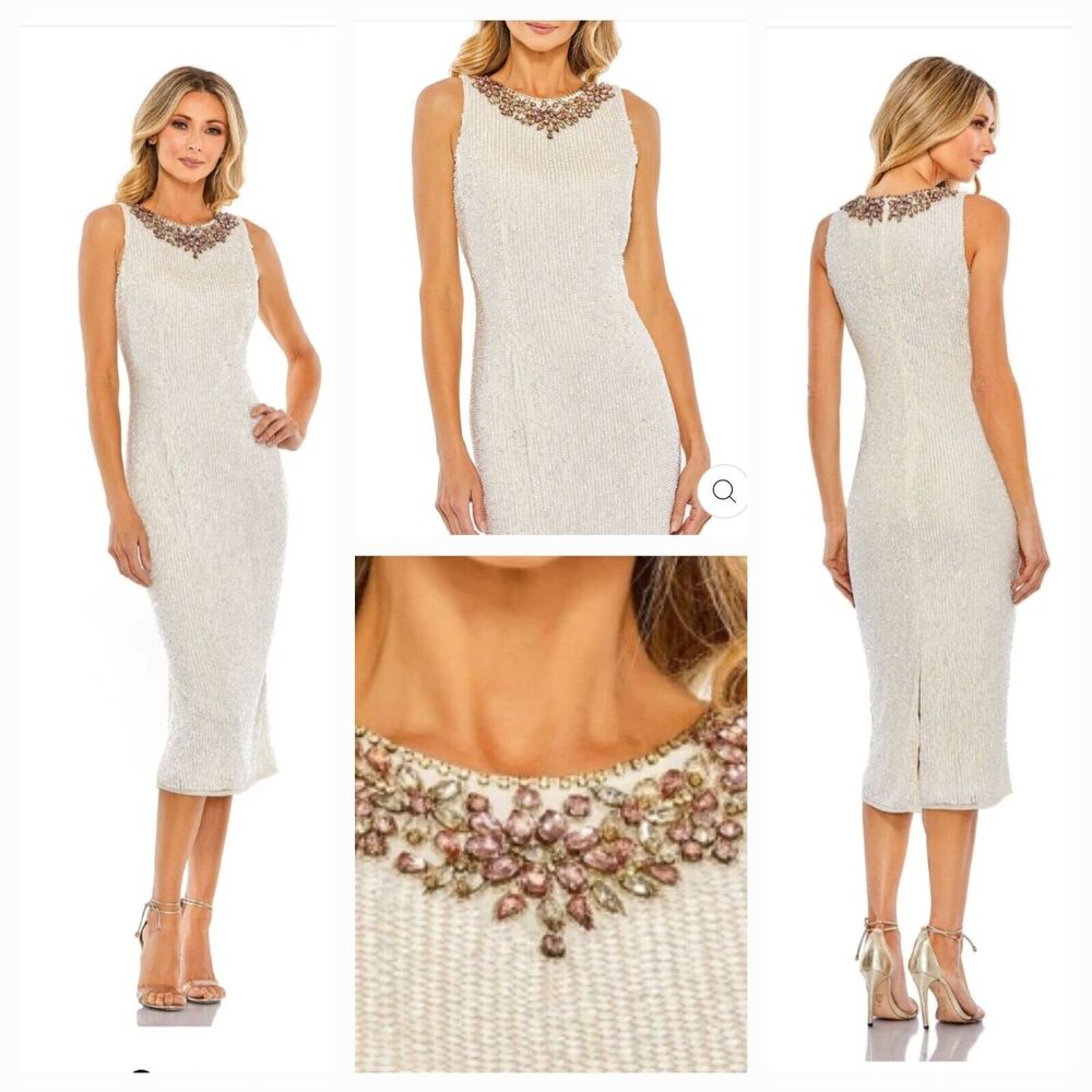 New MAC DUGGAL 93607 Ivory Fully Sequined Jewel Neck Fitted Dress Wm's (2) $298